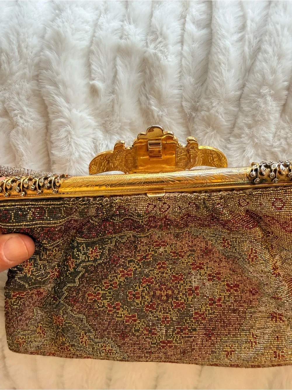 Vintage French Beaded Floral Evening Bag - Gold Accent, tapestry pattern